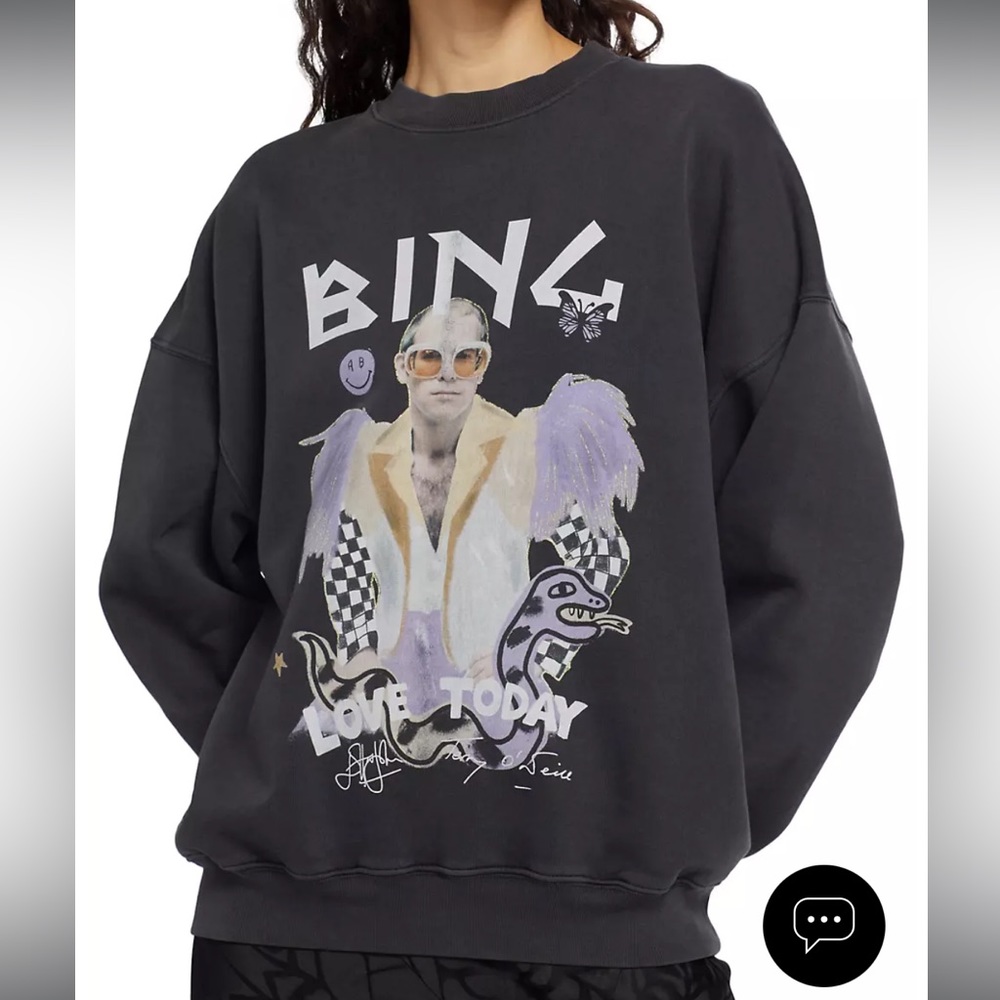 Anine Bing Black Graphic Elton Print Crewneck Sweatshirt